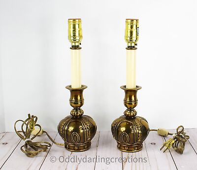 #ad Set Midcentury Ornate Heyco Brass Crown Lamps Detailed Crown Design Tested $60.00