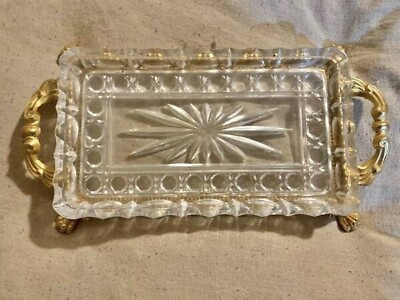 #ad Pretty Cut Glass Tray On Gold Gilded Stand Italy $26.95