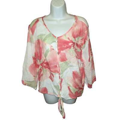#ad Chico#x27;s Chicos Pink White Floral Shirt Top Size 3 16 100% Cotton $16.99