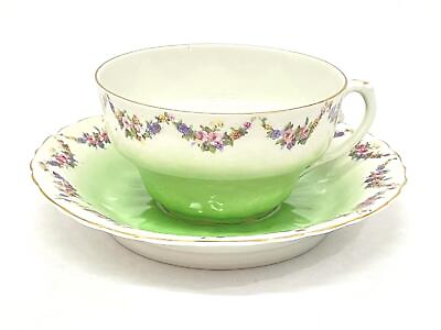#ad Vtg Merkelsgrun Porcelain Tea Cup And Saucer White And Green Floral Wreath $16.00