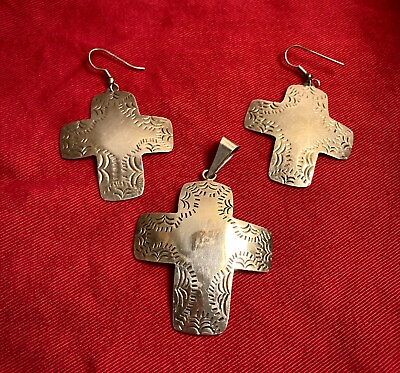 #ad VINTAGE LARGE MEXICO STERLING SILVER CROSS PENDANT WITH MATCHING CROSS EARRINGS $97.00