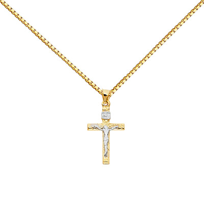 #ad 14KY 0.6mm Box Chain with Two Tone Crucifix Cross Religious Pendant $248.96