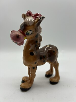 #ad Vintage Kreiss Whimsical Horse Figurine Red Bow Polka Dots Rhinestones Japan $42.00