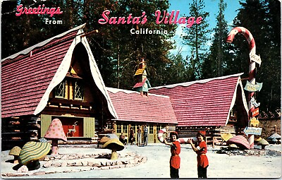 #ad Postcard CA Greetings Santa Village Skyforest Fairyland Canes Mushroom Caps Pink $7.97