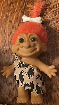 #ad Vintage Pebbles Troll Doll Flintstones Bone In Orange Hair Tie Dress 4.5” Russ $15.00