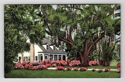 #ad Postcard Linen AL Old Southern Home Azaleas Flowers Street View Mobile Alabama $8.95