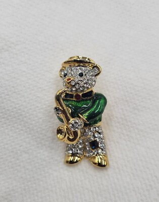 #ad Gold Tone Metal And Enamel Bear Playing Saxophone Brooch Pin With Clear Stones $29.95