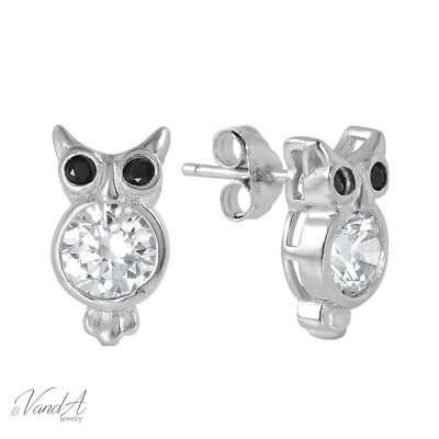 #ad Sterling Silver 925 Owl Earrings Black CZ Eyes Midnight Bird Stud Earrings E22 $32.99