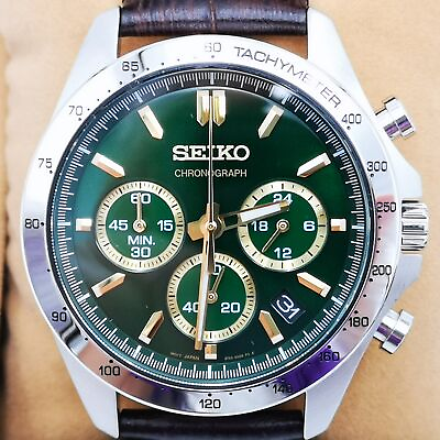 #ad SEIKO Spirit SBTR017 Green Chronograph Quartz Leather band Men Watch New in Box $131.00