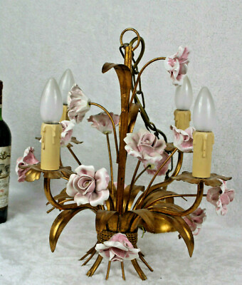#ad Vintage french metal gold gilt 1970 pink porcelain roses chandelier lamp $646.75