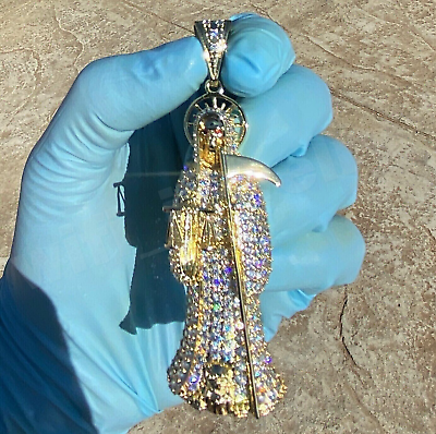 #ad 10Ct Round Simulated Diamond Big La Santa Muerte Pendant 925 Silver Gold Plated $330.55