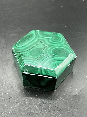 #ad JEWELRY Trinket BOX MALACHITE Gemstone Box Handmade Hexagon 238g 3”W *READ* $34.00