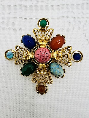 #ad Vintage Colorful Swirled Marbled Cabochon Maltese Cross Gold Tone Brooch $49.99