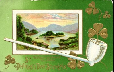 #ad Antique St Patrick#x27;s Day Postcard White Pipe Shamrocks Irish Country Scene 1913 $6.96