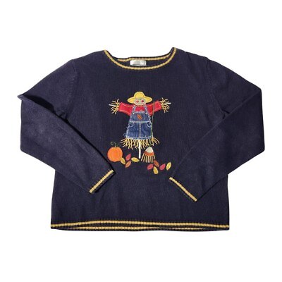 #ad Christopher amp; Banks Womens S Holiday Fall Scarecrow Sweater Hand Embroider Blue $27.00