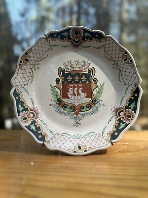 #ad ANTIQUE FRENCH HAND PAINTED ARMORIAL FAIENCE PLATE W DOUBLE CRESTS SIGNED 10quot; $70.00