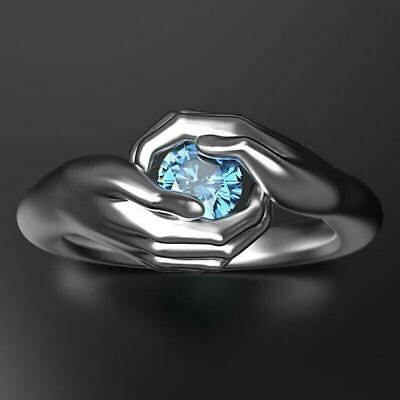 #ad 925 Silver Sapphire Aquamarine Zircon Hands Hug Ring Women Wedding Jewelry Gifts C $2.49