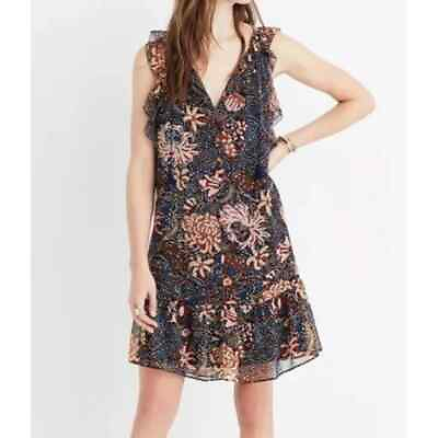 #ad Madewell Women#x27;s Lily Ruffle Navy Dress Size XS Sea Floral Print Front Tassels $29.95