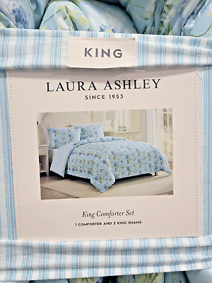 #ad Laura Ashley King Comforter Set Peony Garden Light Blue amp; Green 100% Cotton $140.00