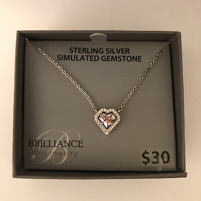 #ad Brilliance Fine Jewelry Sterling Silver Simulated Gemstone Heart Necklace NEW $28.99