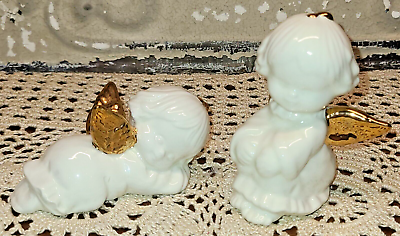 #ad Set of 2 Vintage Porcelain Cherubs w Golden Wings One Sitting amp; One Lying Down $21.00