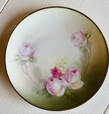 #ad Vintage German Hand Painted Plate Roses Pink Green Porcelain Round Gorgeous $13.75