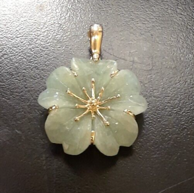 #ad RI1 14k Yellow Gold 7.3g Jade Flower Pendant 25.5mm $299.50