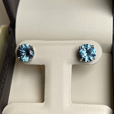 #ad 3 TCW Fancy Blue Round Studs Earrings Man Made Diamonds 14k Solid Gold $326.80