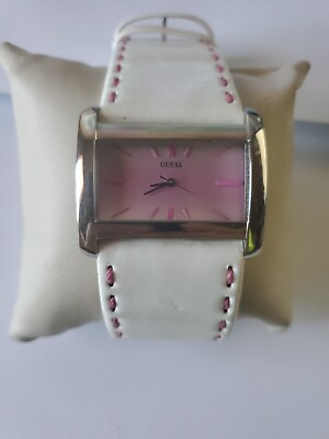 #ad Guess Watch Women 43mm Silver Tone Pink Dial Leather Band New Battery $39.95