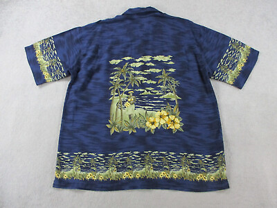 #ad Hilo Hattie Shirt Mens Large Blue Hawaiian Palm Floral Luau Girl Beach Island $15.00