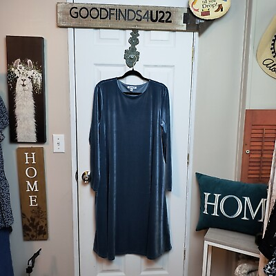 #ad Serengeti Velvet Long Sleeve Blue Dress Large With Pockets Fit And Flare $36.95