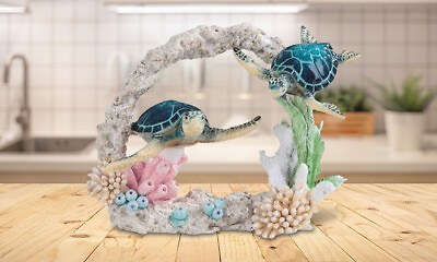 #ad 9quot;W Blue Sea Turtle Couple Swimming Around Coral Statue Sea Life Figurine $46.52