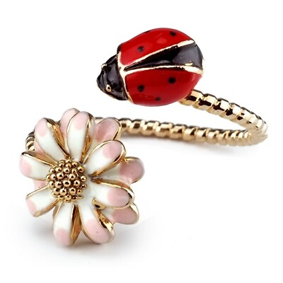 #ad Ladybug amp; Flower Tin Enamel Ring Eye Catching Ladies Adjustable Ring GBP 12.99