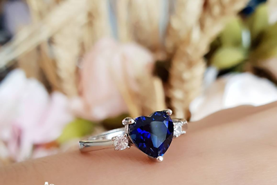 #ad 2.0Ct Heart Shape Blue Sapphire amp; Lab Created Diamond Solitaire Ring 925 Silver $68.12