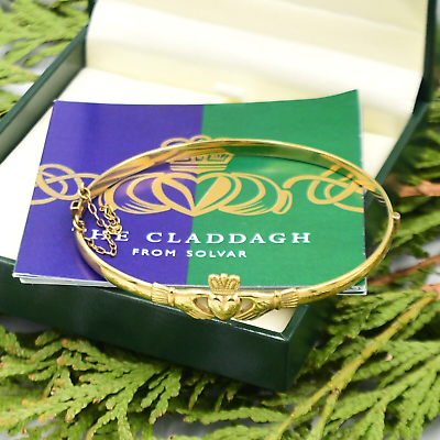 #ad 9k Yellow Gold Designer Solvar Claddagh Hinged Bangle Bracelet $430.00