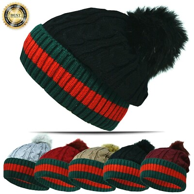 #ad Unisex Winter Beanie Hat Knitted Pom pom Fur lined Thermal Striped Snow Ski Cap $9.99