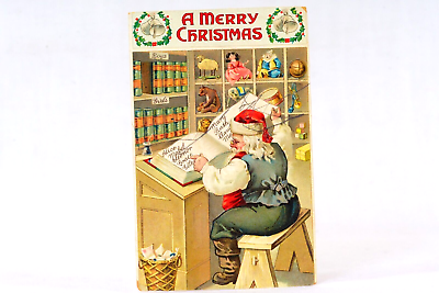 #ad Antique Santa Claus XMas Workshop Reading List German Printed Christmas Postcard $75.00