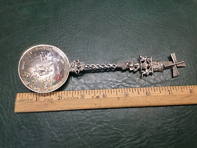 #ad Antique Large Dutch Silver Windmill Spoon Ornate Embossed 7 3 4quot; $125.00