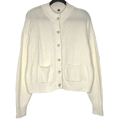 #ad Margaret Oleary Women Cardigan Medium Cream Cotton Round Neck Long Sleeve Pocket $44.99
