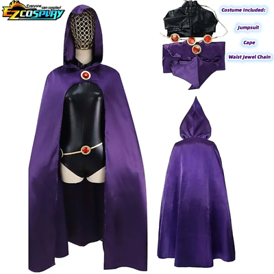 #ad Teen Titans Raven Cosplay Costume Deluxe Jumpsuit Cloak Belt Suit for Women $32.16