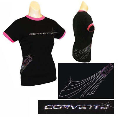 #ad Women Ladies Black Corvette Racing Emblem Rhinestone Crystal Cotton T Shirt S $34.77