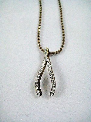 #ad Necklace Wishbone Good Luck Rhinestone Studded Charm Shiny Antique Bronze Chain $11.99
