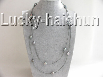 #ad 54quot; 13mm Baroque grey pearls grey leather necklace j9073 $7.99