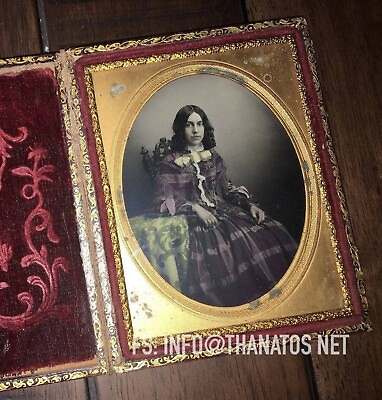 #ad Beautiful Tinted 1 4 Ambrotype Photo Pretty Victorian Girl Purple Dress 1850s $999.00
