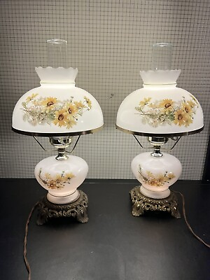 #ad Vintage Pair Of Double Globe Hurricane Lamps 3 Way Floral Milk Glass Shade Works $175.00