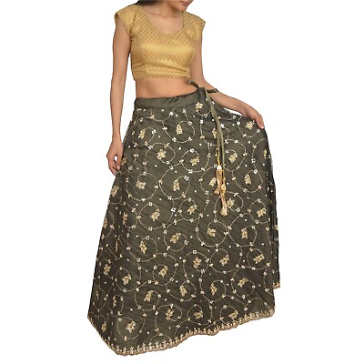 #ad Sanskriti Vintage Long Party Skirt Georgette Black Hand Beaded Stitched Lehenga $74.46