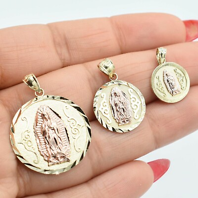 #ad Textured Nuestra Señora de Guadalupe Medallion Pendant Real 10K Yellow Rose Gold $217.79