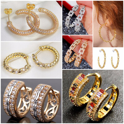 #ad Women Fashion 925 Silver FilledGoldRose Gold Hoop Earring Cubic Zircon Jewelry $5.39