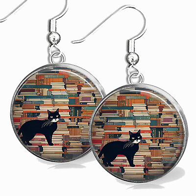 #ad Black Cat on Pile of Books .925 Sterling 20mm Earrings Cats amp; Reading Lover Gift $13.95