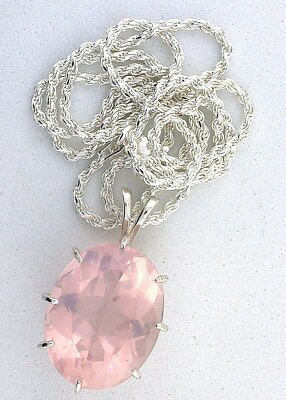 #ad 24.56 Ct Oval Rose Quartz Gemstone Sterling Silver Pendant Rope Chain Necklace $299.99